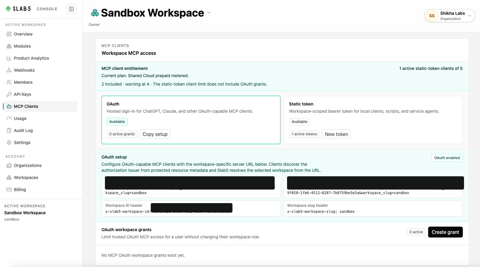 Slab5 MCP clients screen showing OAuth and static-token access controls.