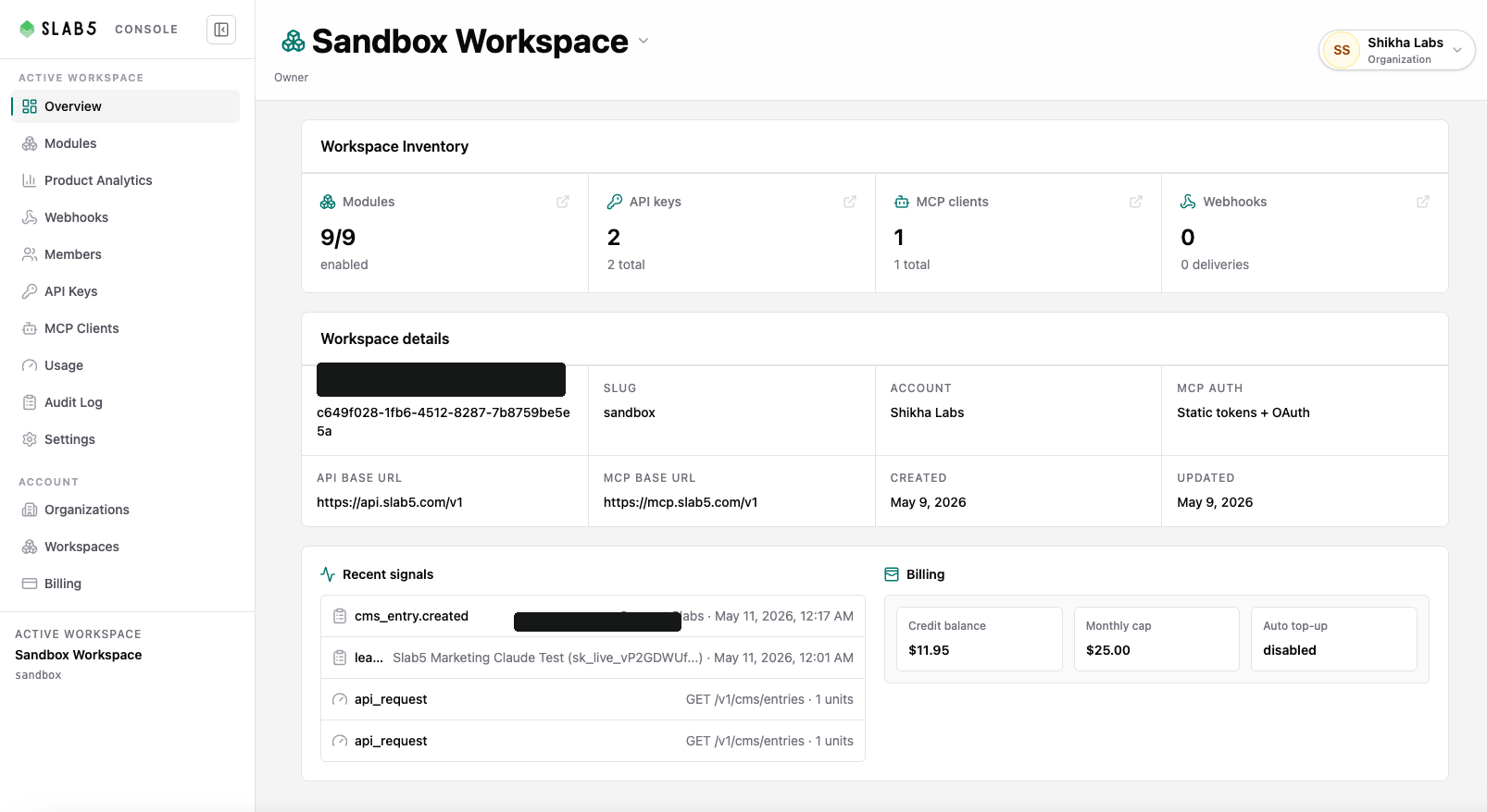 Slab5 workspace overview with modules, API keys, MCP clients, billing, and recent signals.